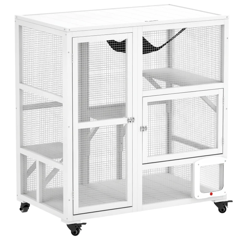 Cat House, Indoor Cat Enclosure on Wheels with Openable Top, 39", White