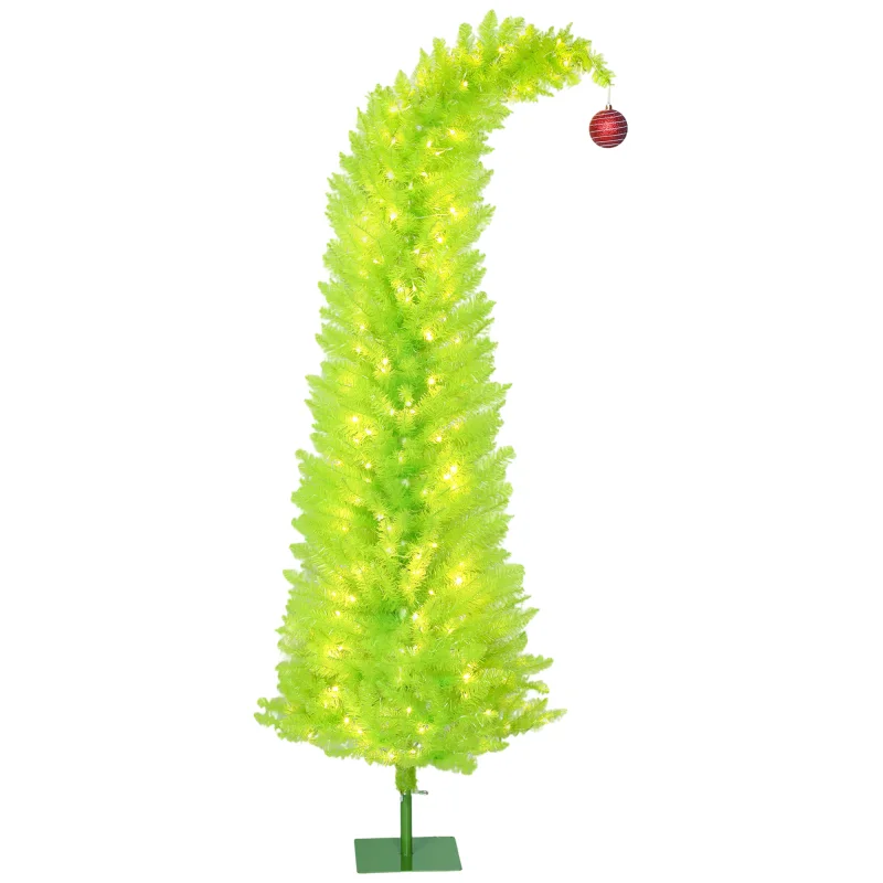 6 ft Whimsical Christmas Tree, Pencil Xmas Tree with with Red Ball, Metal Base, Prelit with 230 LED Lights