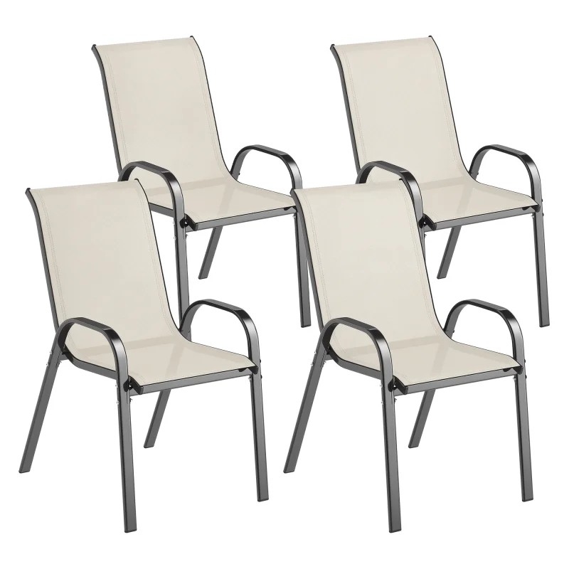 Set of 4 Outdoor Dining Chairs, Stackable Patio Chairs with High Back, Breathable Mesh Seat for Garden Lawn, Beige