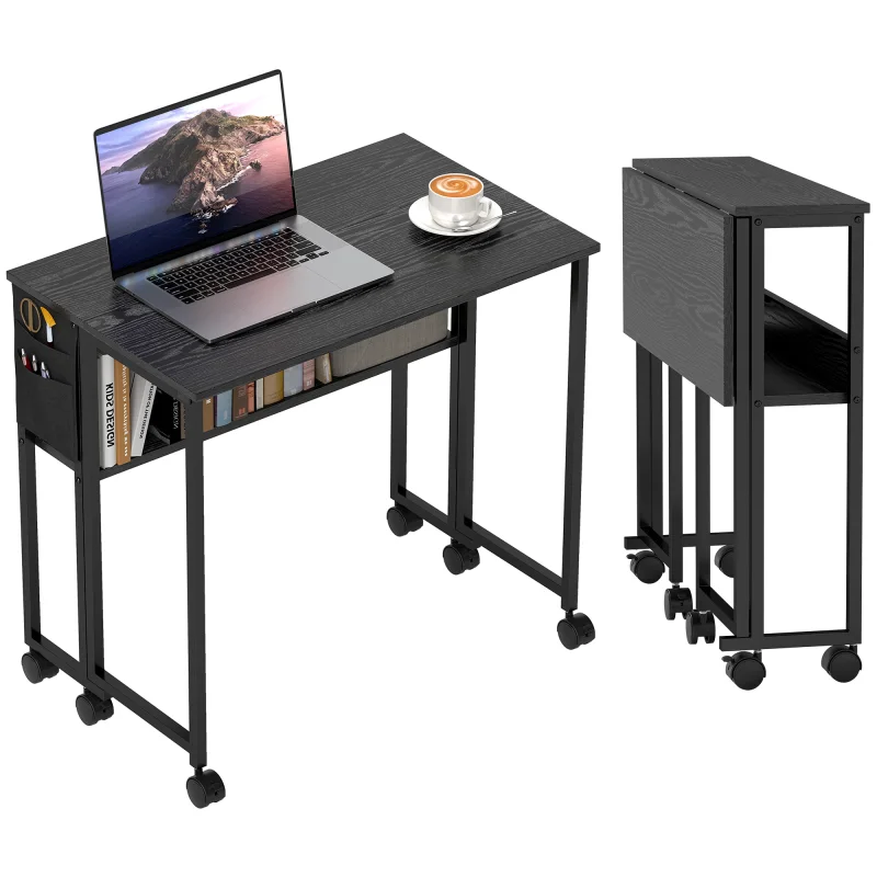 Folding Computer Desk, Foldable Desk with Storage Bag, Shelf and Wheels for Small Spaces, Home Office, Black