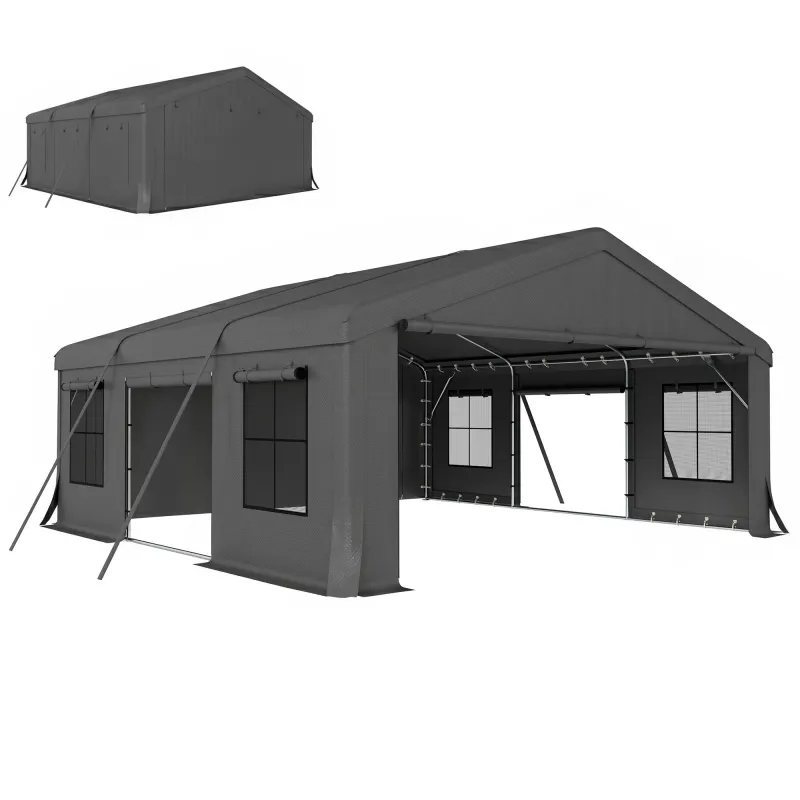 20' x 20' Heavy Duty Carport, Portable Garage Car Canopy Tent Shelter with 3 Roll-up Doors, 4 Windows, Dark Gray