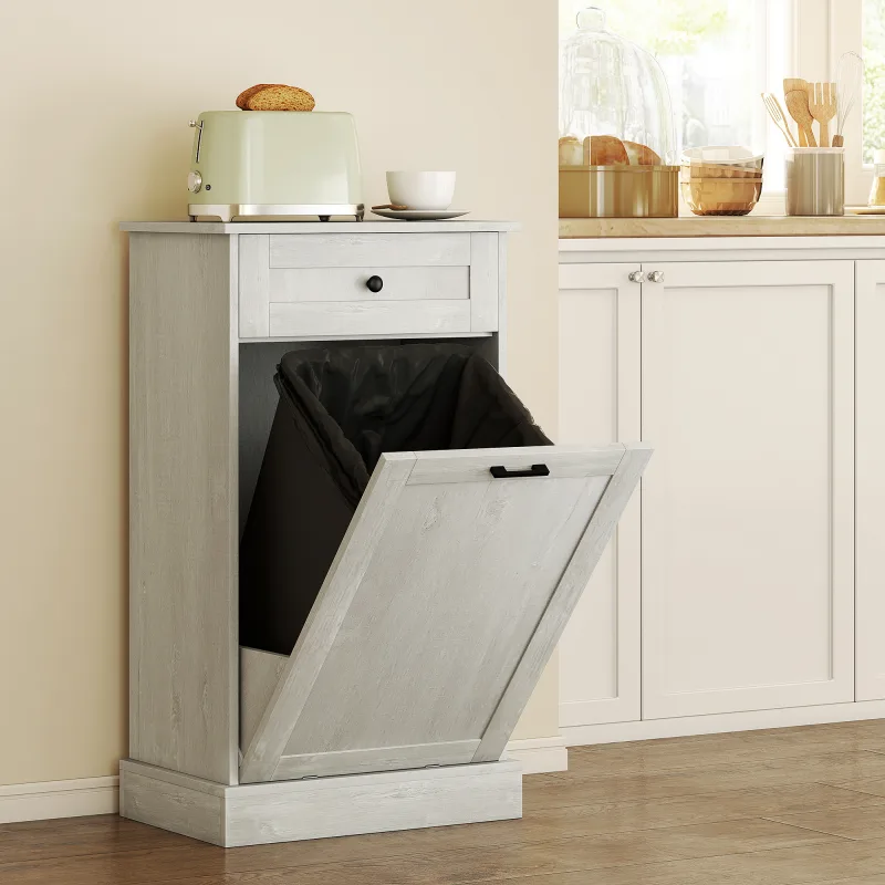 Kitchen Tilt Out Trash Bin Cabinet Free Standing Storage Cabinet with Drawer, Light Gray