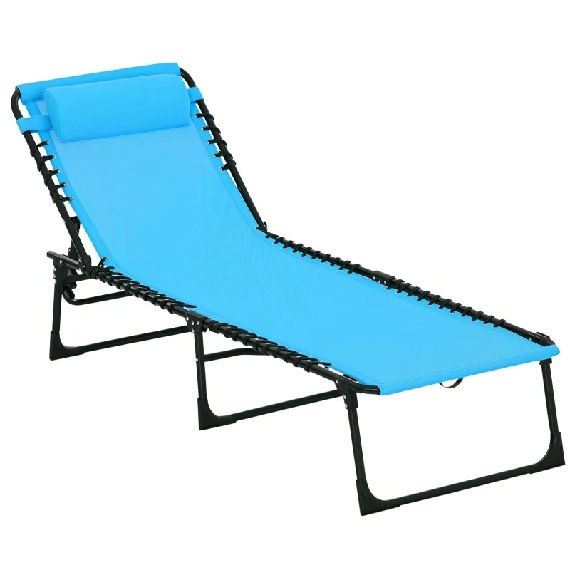 Folding Chaise Lounge Pool Chair with 4-Position Reclining Back, Pillow, Breathable Mesh & Bungee Seat, Blue