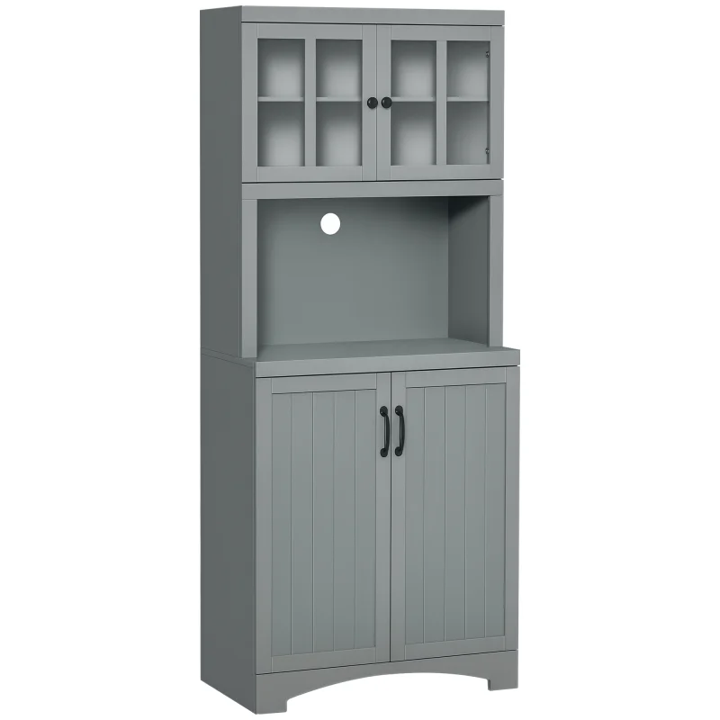Storage Cabinet with Adjustable Shelves and Microwave Space, 70" Pantry Cabinet with Glass Framed Door, Gray