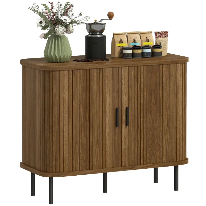 35.4" Sideboard Buffet Cabinet with Storage, Nordic Coffee Bar Cabinet with Slatted Tambour Doors and Metal Legs, Walnut