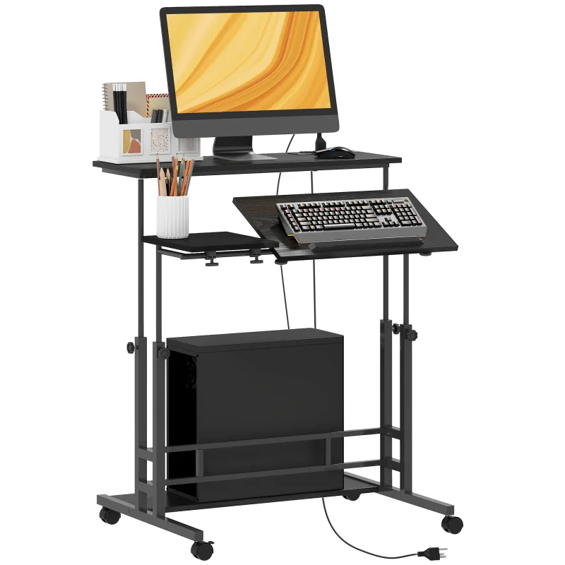 Adjustable Standing Desk with Power Outlets, Stand Up Desk with Tiltable Tabletop, Wheels, Shelf, for Home Office, Black