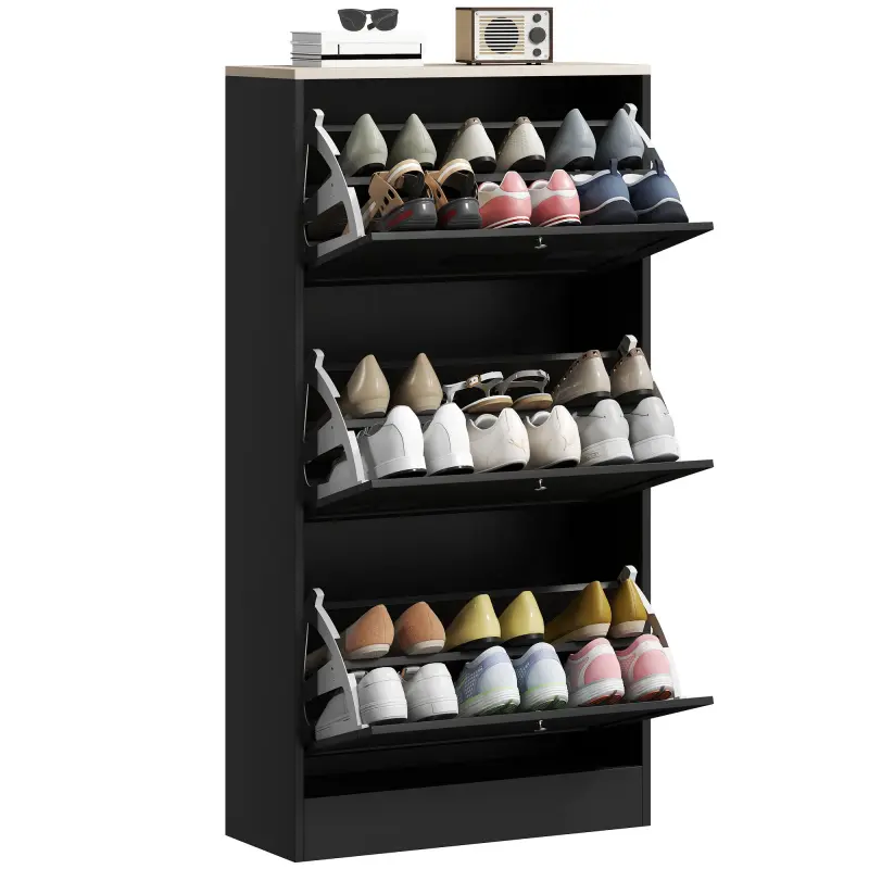 Modern Shoe Storage Cabinet with 3 Flip Drawers and Adjustable Shelves for 12-18 Pairs of Shoes, Black