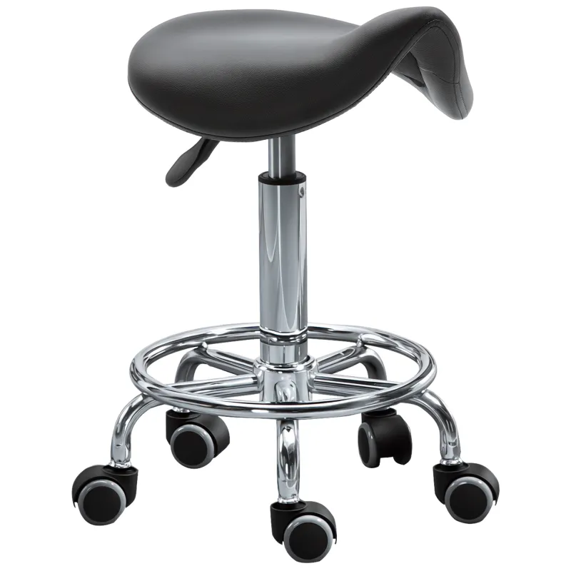 PU Leather Adjustable Stool, Rolling Saddle Stool with Wheels for Massage, Spa, Clinic, Beauty and Tattoo, Black