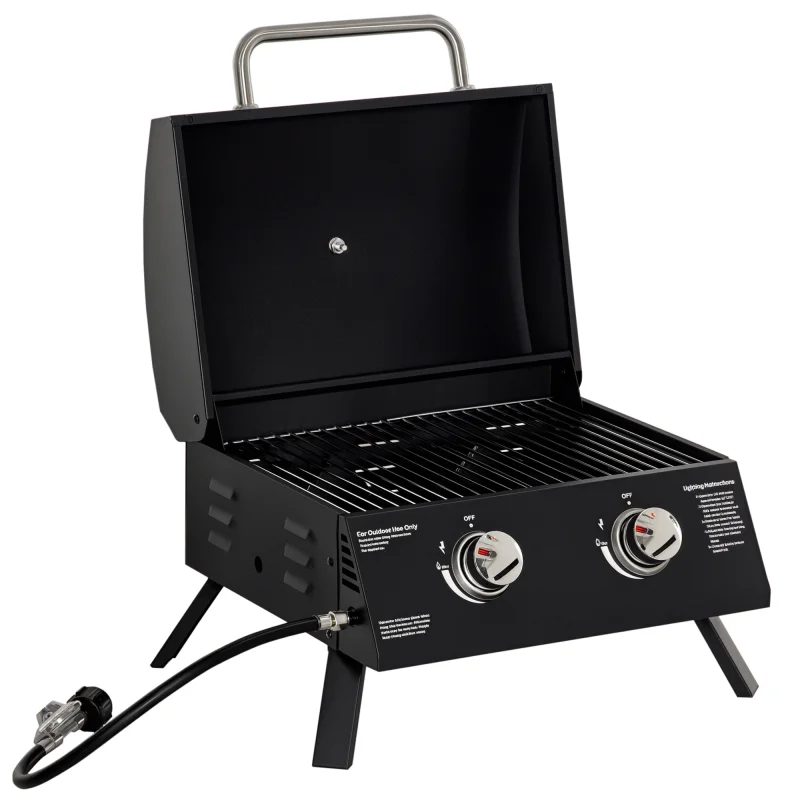 2 Burner Folding Tabletop Gas BBQ Grill w/ Lid, Thermometer, Carbon Steel, Black