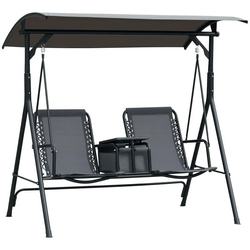 2 Person Porch Swing with Canopy, Storage Table, Cup Holder, Gray