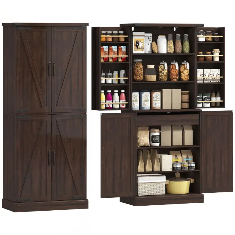72" Tall Kitchen Pantry Cabinet, Farmhouse Storage Cabinet with 8 Door Racks and Adjustable Shelves, Brown