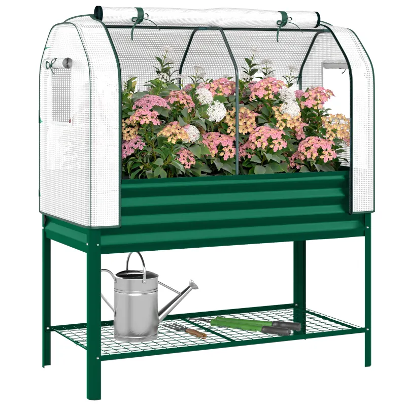 Galvanised Raised Garden Bed with Greenhouse Cover, Metal Elevated Garden Bed with Bed Liner, Bottom Shelf, Green