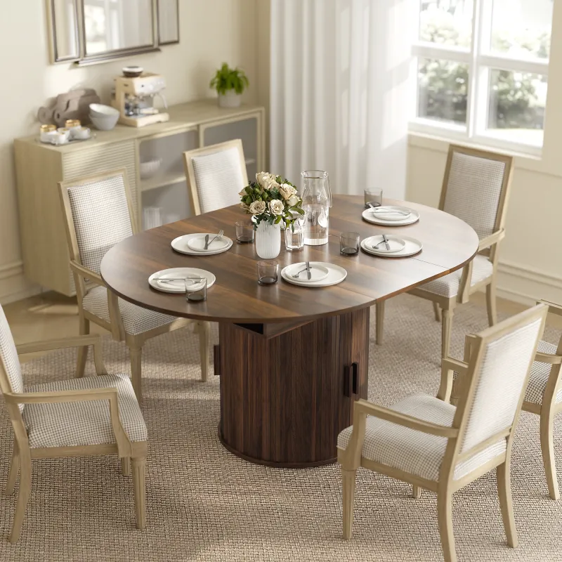 Extendable Dining Table for 6, 60" Farmhouse Kitchen Table with 2-Tier Storage Shelf and Fluted Sliding Doors, Walnut