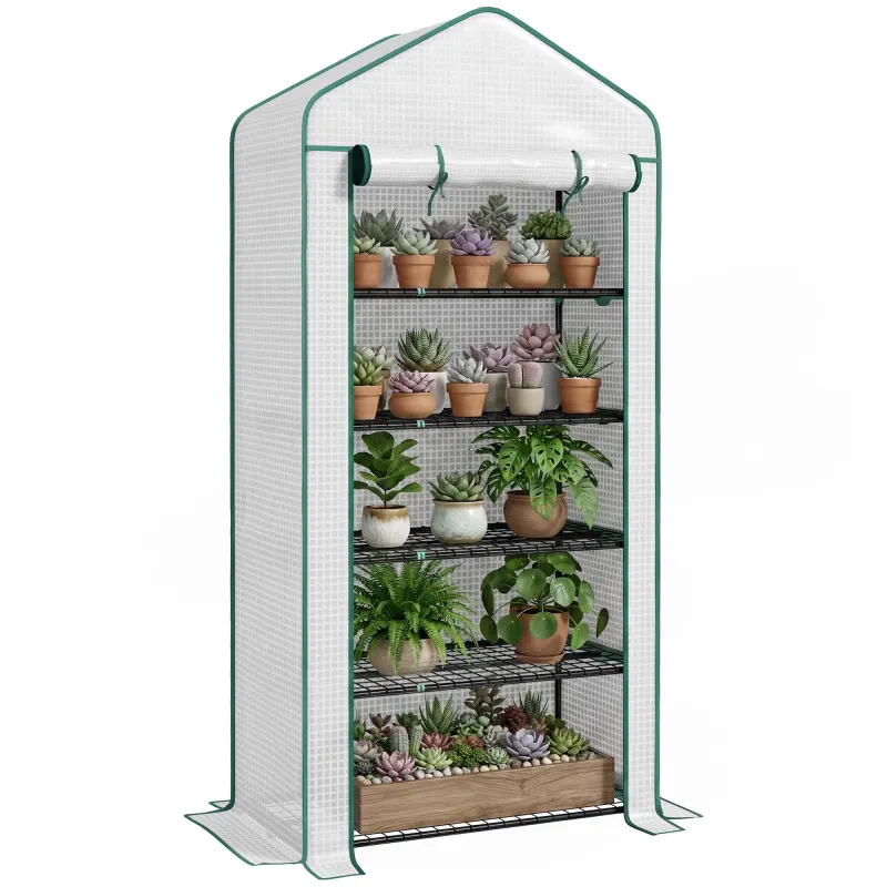 5 Tier Mini Greenhouse, Small Portable Greenhouse with PE Cover, Roll-Up Zippered Door, 76" x 35.4" x 19.3", White