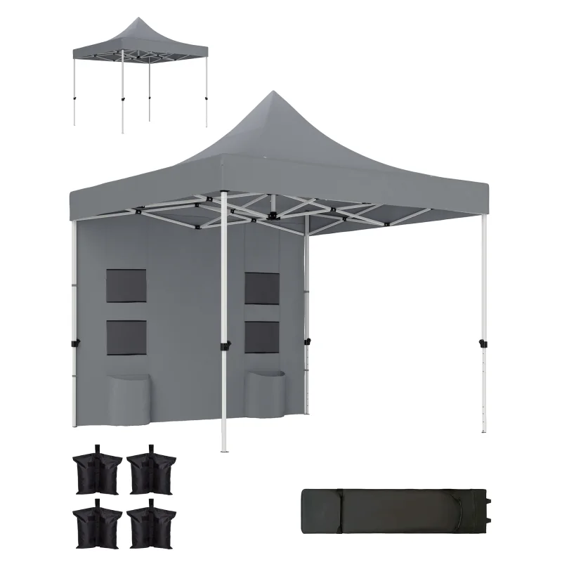 10' x 10' Heavy Duty Pop Up Canopy Tent with Sidewall, UPF50+ Instant Sun Shelter with Storage Pockets, Gray