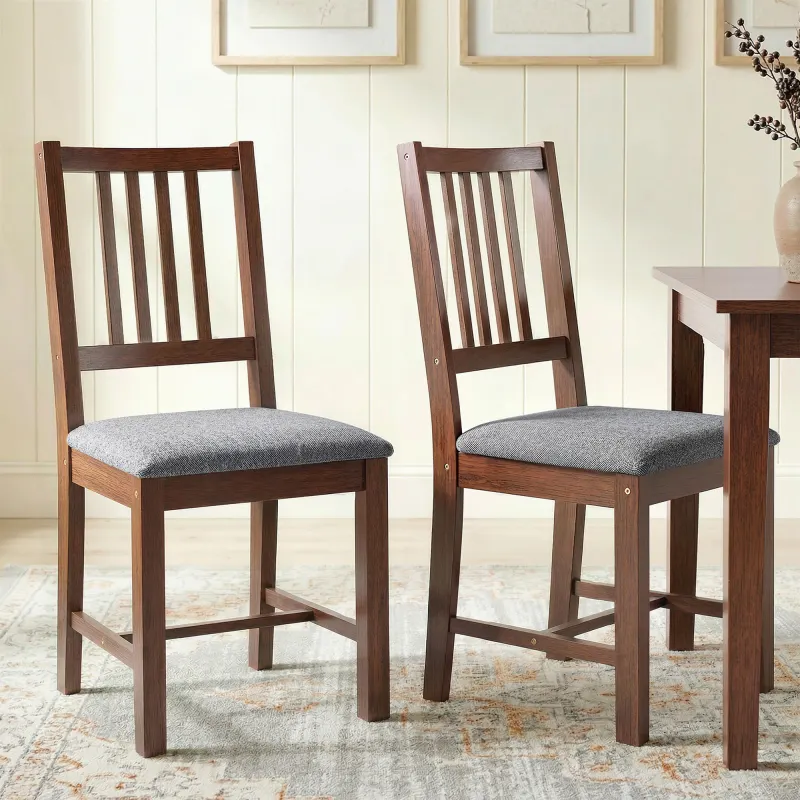 Set of 2 Dining Chairs, Upholstered Slat Back Dining Room Chairs with Rubberwood Legs and Padded Seat, Walnut