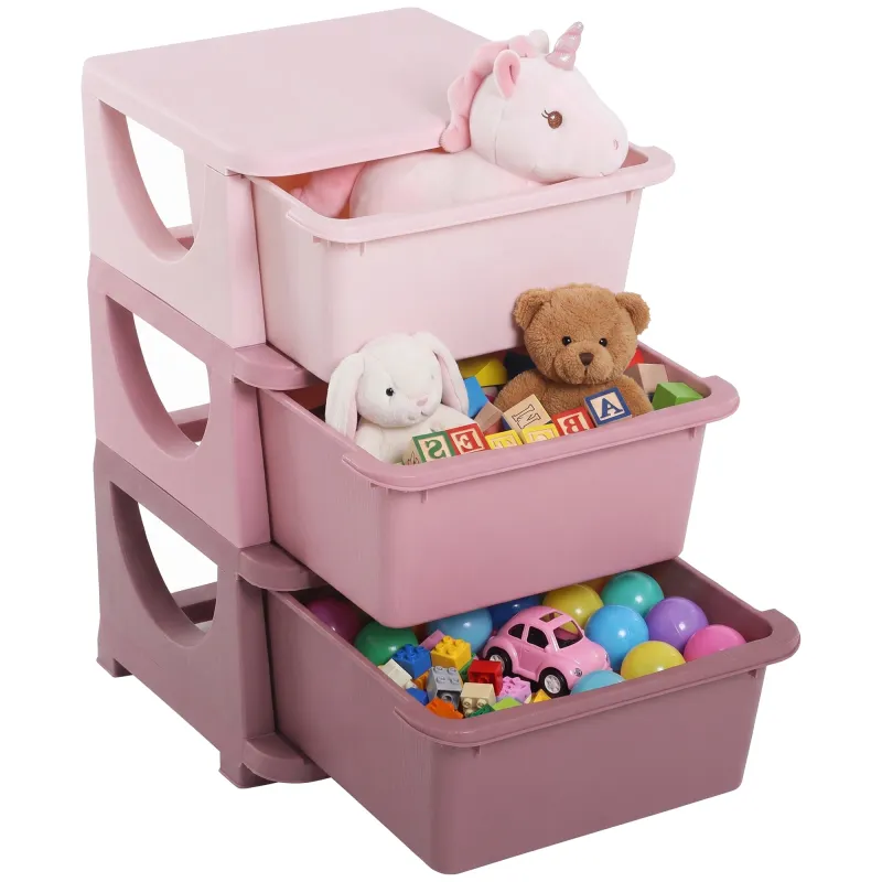 3 Drawers Kids Storage Unit, 3 Tier Stackable Toy Organizers and Storage Chest for Bedroom, Nursery, Playroom, Pink