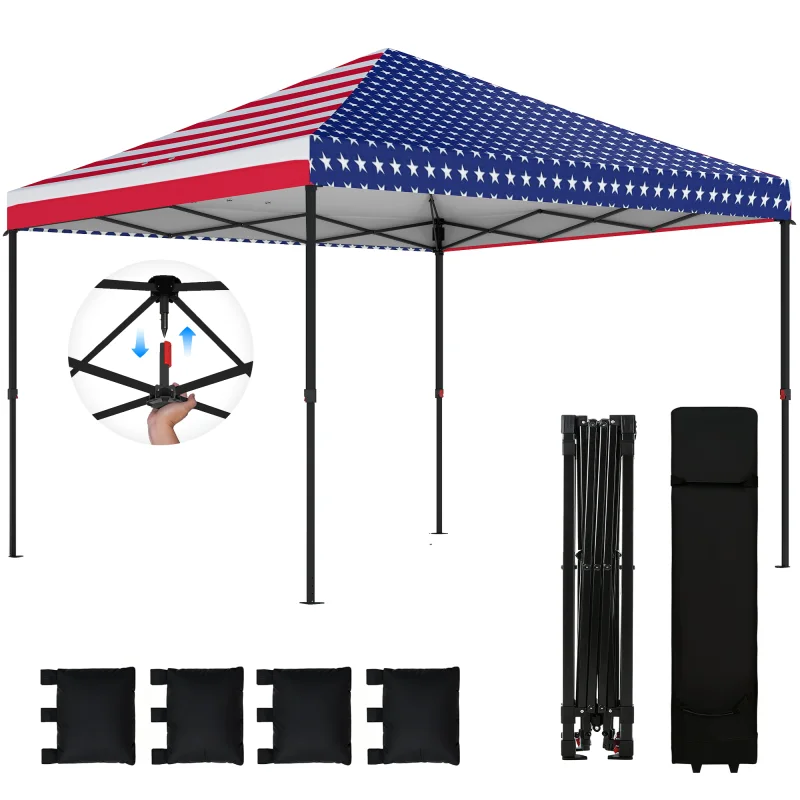 10 x 10 ft Pop Up Canopy Tent with One Push Setup, Outdoor Portable Instant Canopy Shelter w/ Roller Bag, American Flag