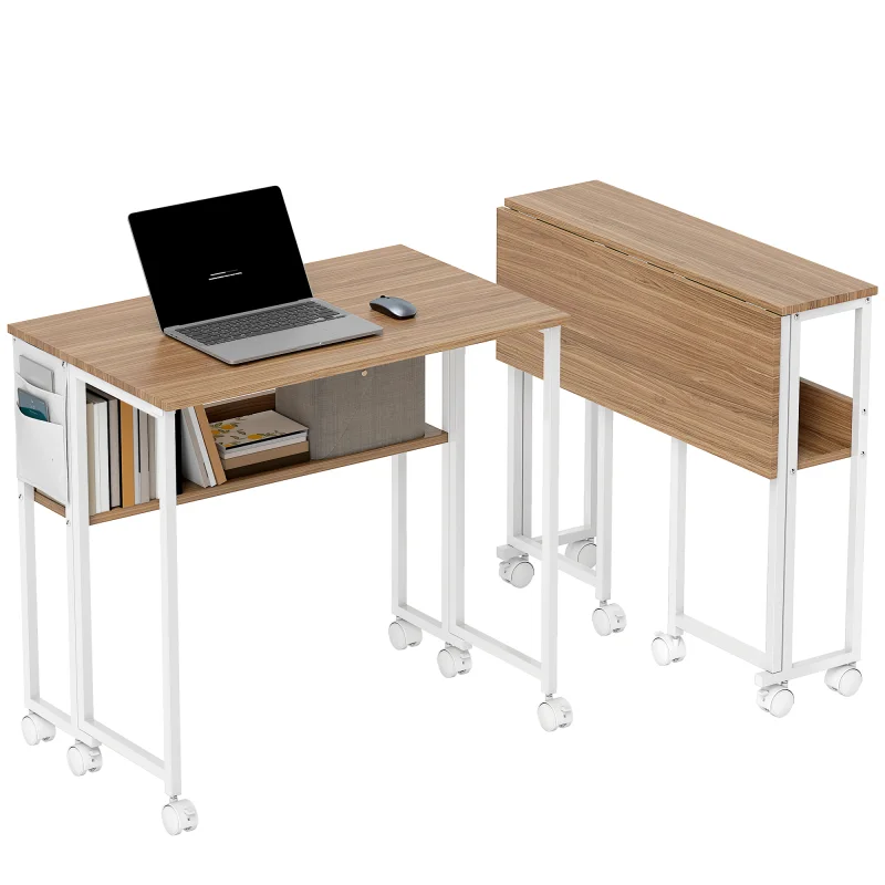 Folding Computer Desk, Foldable Desk with Storage Bag, Shelf and Wheels for Small Spaces, Home Office, Natural Wood