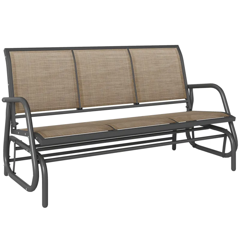 3-Person Outdoor Patio Glider Bench, Porch Glider Swing with 3 Seats, Breathable Mesh Fabric, Metal Frame, Brown