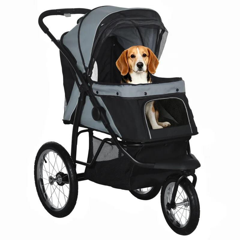 3 Wheels Pet Stroller for Small Dogs and Medium Dogs with Adjustable Canopy, Safety Tether, Storage Basket, Gray