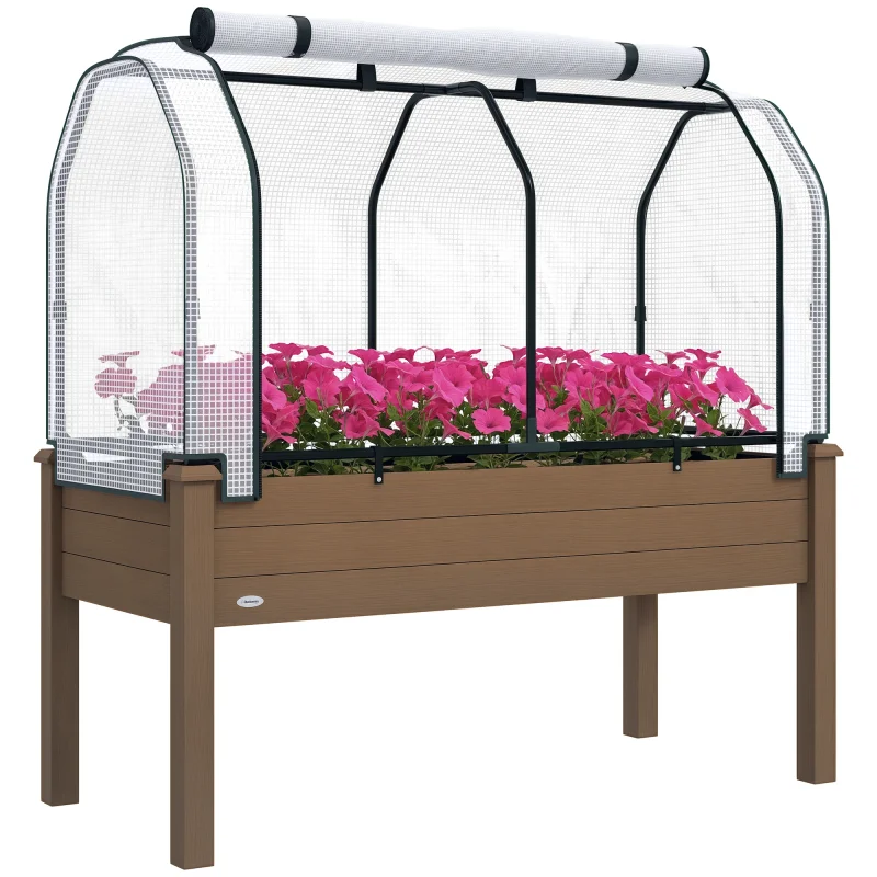 Raised Garden Bed with PE Greenhouse Cover Outdoor Planter Box for Herbs and Vegetables, 48 x 22 x 46 inch, Brown