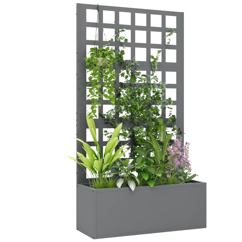 Galvanized Raised Garden Bed Planter Box with Trellis for Climbing Plants, Vegetable, Vines, 24" x 9" x 44.5", Gray