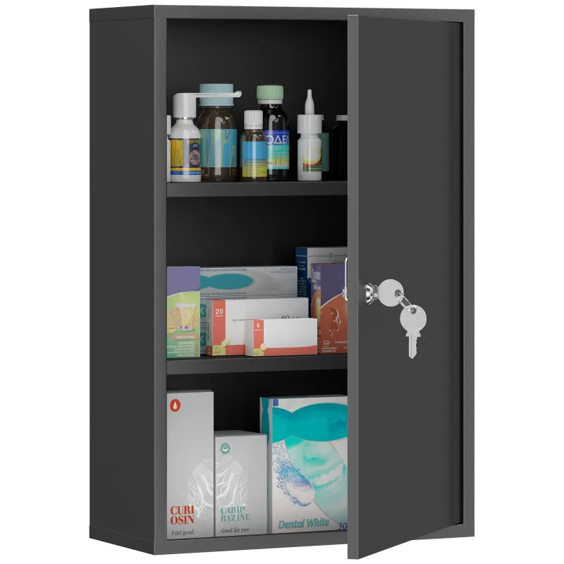 Wall Mount Medical Cabinet, Bathroom Cabinet with 3 Tier Shelves, 2 Keys, 15.7" x 7.1" x 23.6", Black
