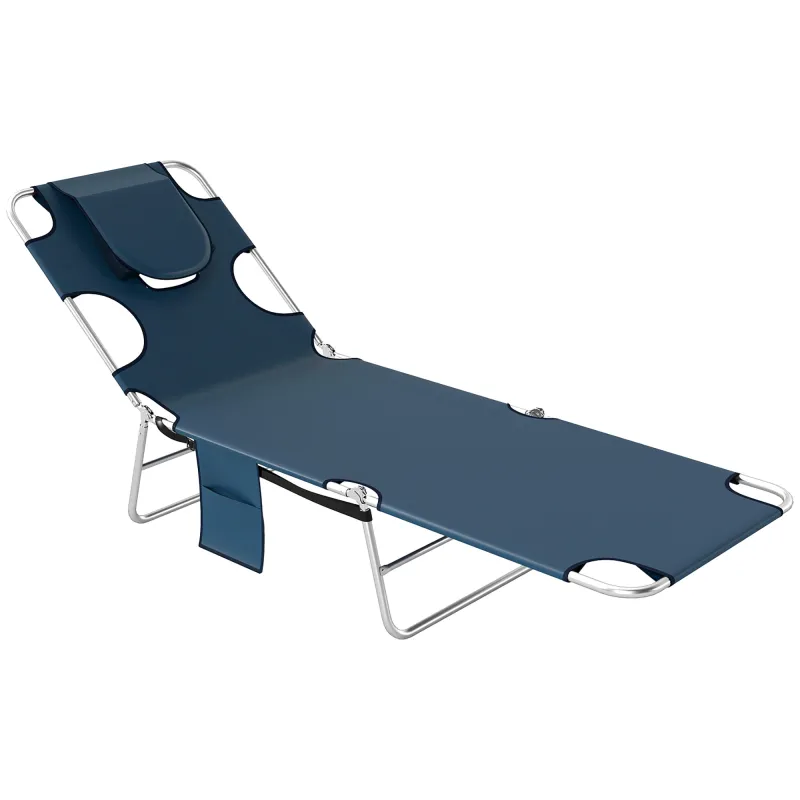 Tanning Chair with Face Hole, 5-Level Adjustable Outdoor Chaise Lounge Chair with Pillow for Beach, Pool, Dark Blue