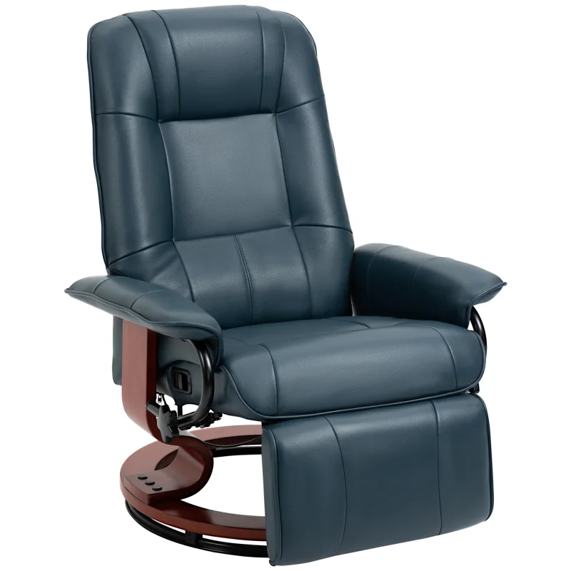 Air Leather Manual Recliner, Adjustable Swivel Lounge Chair with Footrest, Armrest and Wrapped Wood Base, Blue
