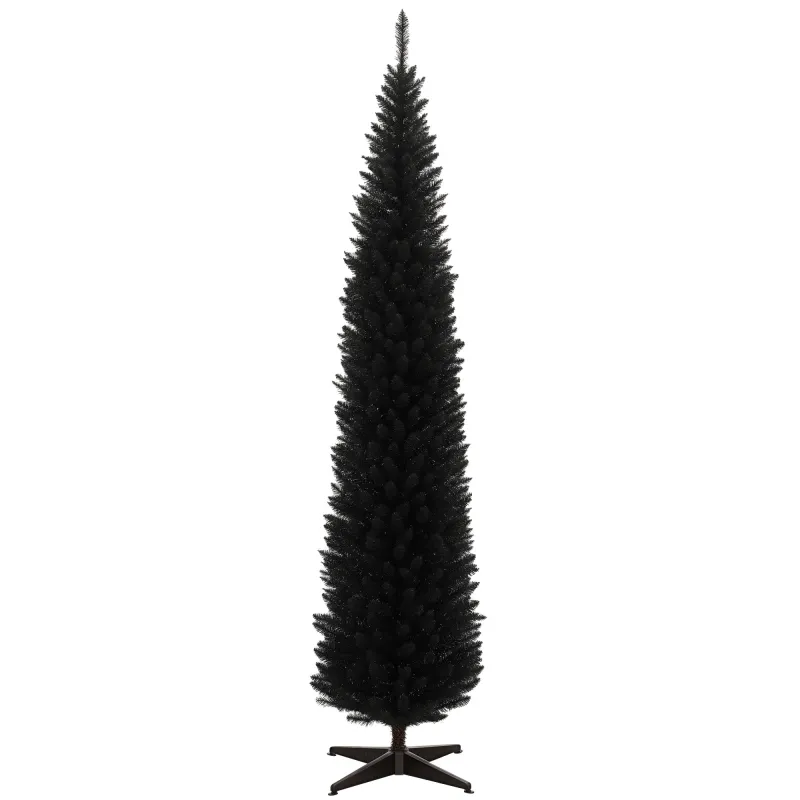 8ft Unlit Pencil Artificial Christmas Tree with Realistic Branches and 618 Tips, Plastic Base, Black