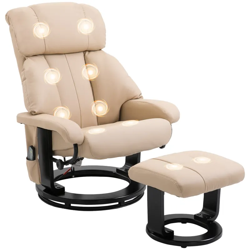 Massage Recliner Chair with Ottoman, 360° Swivel Recliner and Footstool, 10-Point Vibration, Beige