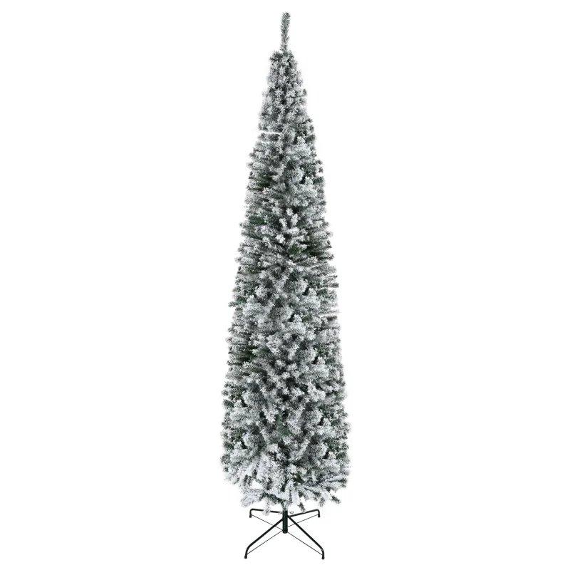 9ft Flocked Christmas Tree, Pencil Artificial Xmas Tree with Faux Snow, Dense Branches, Foldable Metal Base for Indoor Holiday Decor