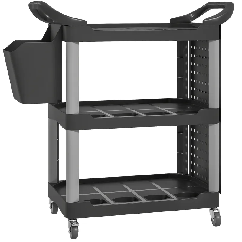 3-Tier Rolling Tool Cart, 200 LBS Capacity Plastic Utility Cart with Side Shelf and Bucket, Black and Light Gray