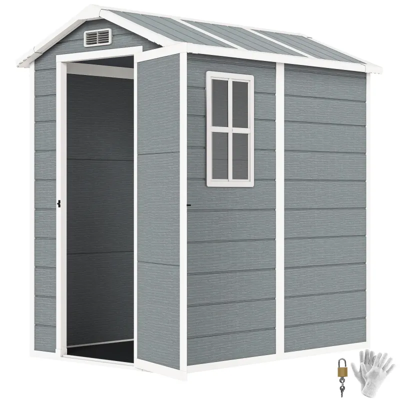 4' x 6' Outdoor Storage Shed, Plastic Shed with Floor, Window, Lockable Door and Vents for Outdoor Patio Storage, Gray