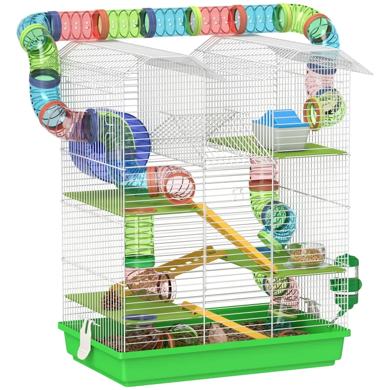 18.5" 5 Tier Hamster Cage with Tubes and Tunnels, Small Animal Cage, Rat Gerbil Cage with Water Bottle, Food Dish, Exercise Wheel, Green