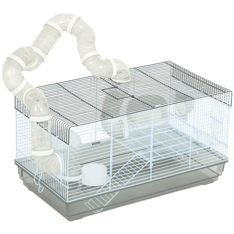 Small Animal Cage for Gerbil or Dwarf Hamster w/ Tubes, Exercise Wheel, Food Dish, Water Bottle, 23" x 13" x 12", Gray