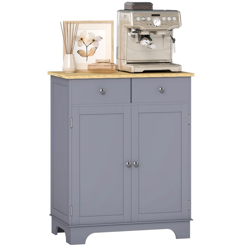 Kitchen Storage Cabinet, Sideboard Floor Cupboard with Solid Wood Top, Adjustable Shelf, and 2 Drawers, Gray