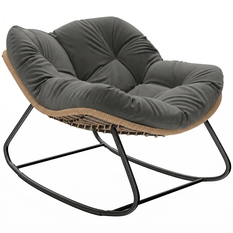 Indoor Outdoor Papasan Rocking Chair, Oversized Rocking Egg Chair with Cushion for Garden, Patio, Dark Gray