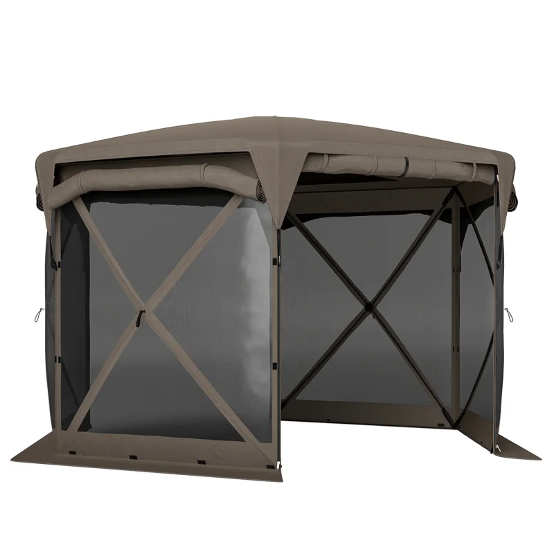 11 x 11ft Pop Up Gazebo Screen Tent with Removable Roof Cover, Roll-up Wind Panels for Camping, Backyard, Brown