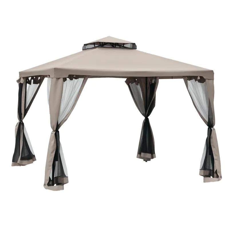 9.6' x 9.6' Patio Gazebo Outdoor Canopy Shelter with 2-Tier Roof and Netting, Steel Frame for Garden, Taupe