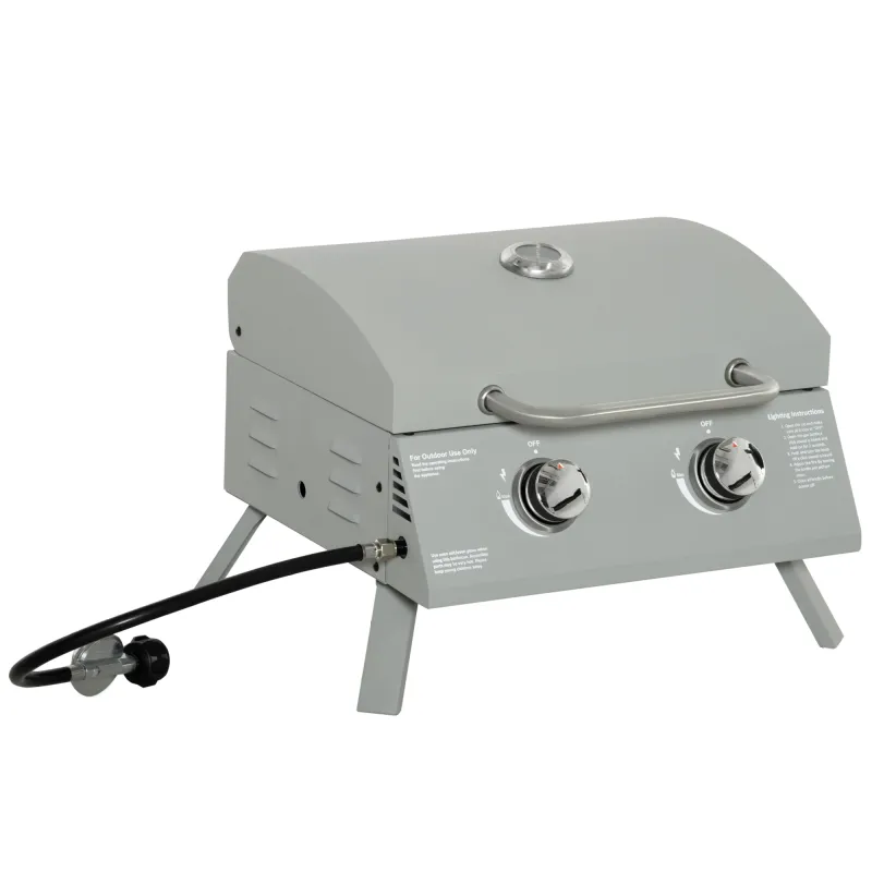2 Burner Folding Tabletop Gas BBQ Grill w/ Lid, Thermometer, Carbon Steel, Grey