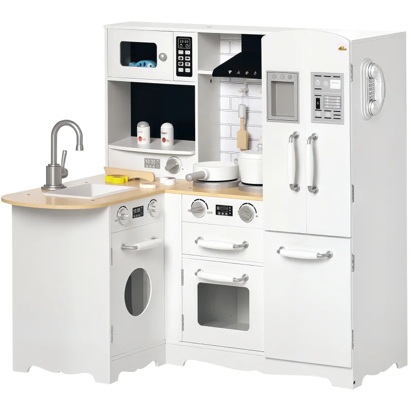 Qaba Large Play Kitchen with Full Set of Appliances for a Modern Day Pretend Kitchen, Tons of Storage, Corner Play Kitchen Set with Sound Effect, Educational Pretend Role Playset Game