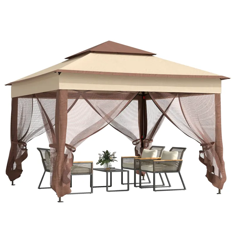 Outdoor Patio Pop Up Canopy Gazebo Shelter with Zipper Netting, Carry Bag, 11' x 11', Khaki