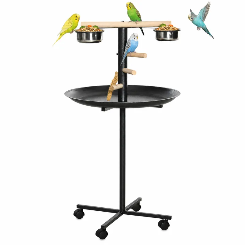 Portable Bird Play Stand, Parrot Perch Bird Feeder Station with Wheels, Stainless Steel Feeding Bowls, Tray, Gray