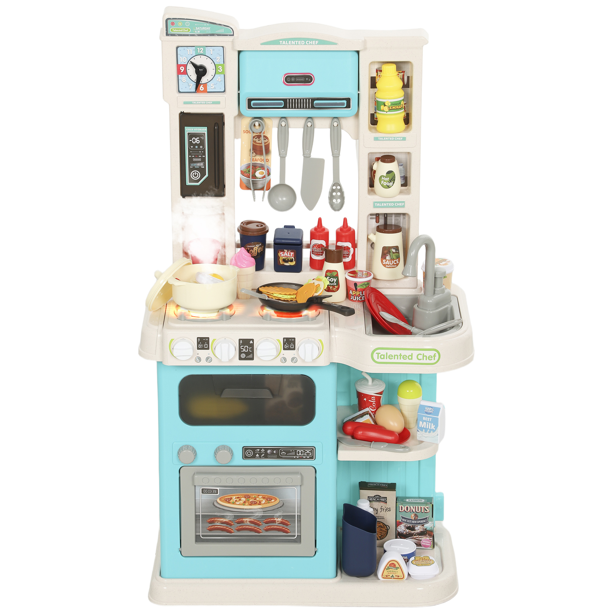 Kids Play Kitchen Toy Set, Chef Pretend Kitchen Playset with Real Lights & Sounds, 92 Pcs Toy Food, Ages 3-6, Green