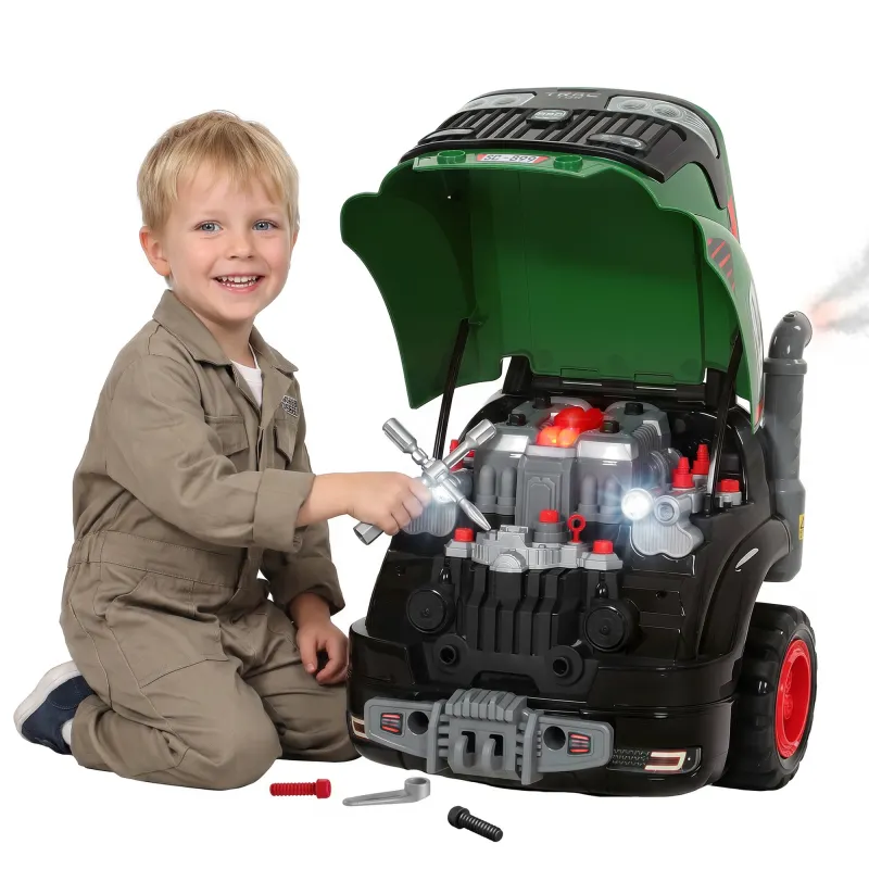 Truck Engine Toy, Kids Mechanic Repair Set with Spray, Lights, Sounds, Educational Gifts for 3-6 Years, Green