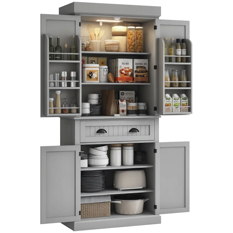 71" Kitchen Pantry Cabinet with LED Lights, 6 Door Shelves, a Drawer and 4 Adjustable Shelves, Gray