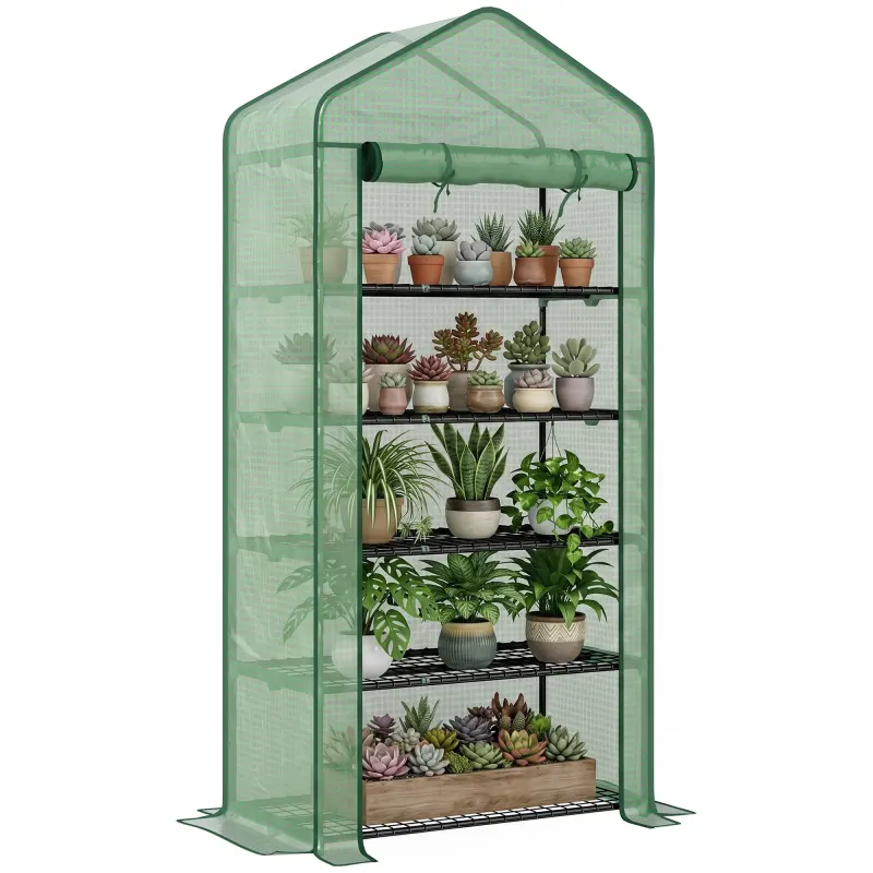 5 Tier Mini Greenhouse, Small Portable Greenhouse with PE Cover, Roll-Up Zippered Door, 76" x 35.4" x 19.3", Green