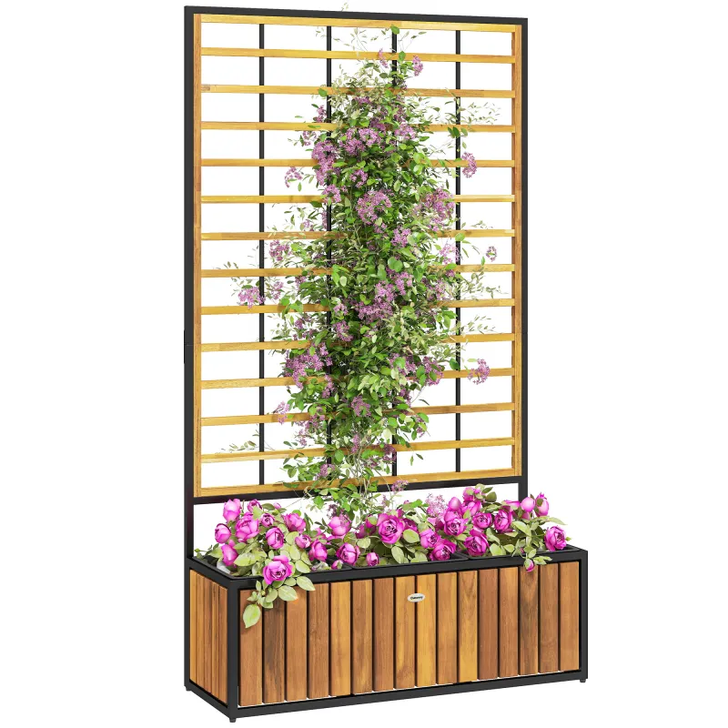 Wooden Raised Garden Bed with Trellis, Removable Pots for Backyard, Patio, Balcony, 29" x 11" x 52", Teak